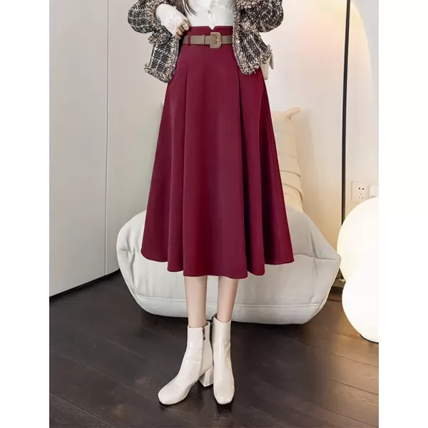 IDEALSANXUN Wool Midi Skirts for Womens High Waisted A Line Pleated Belted Fall Winter SkirtsWine
