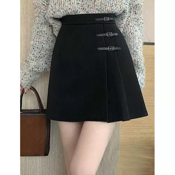 IDEALSANXUN Wool Mini Skirt for Women High Waisted Pleated A Line Fall Winter Preppy SkirtBlack