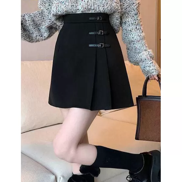 IDEALSANXUN Wool Mini Skirt for Women High Waisted Pleated A Line Fall Winter Preppy SkirtBlack