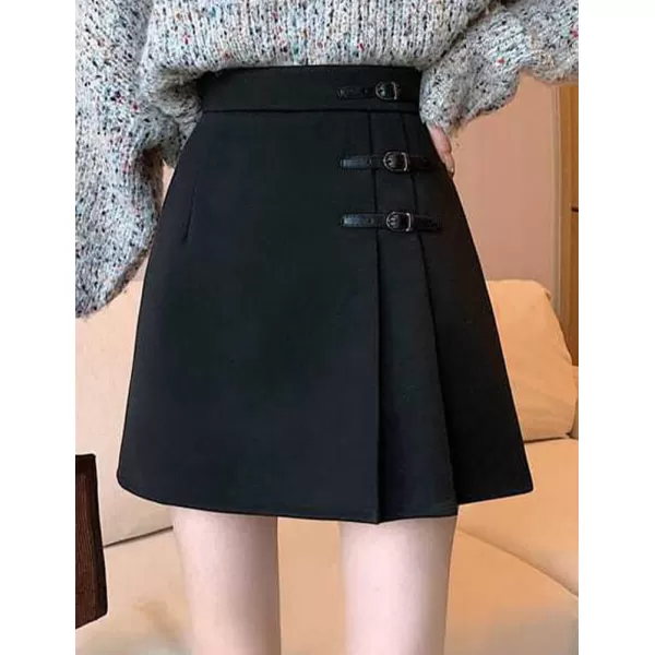 IDEALSANXUN Wool Mini Skirt for Women High Waisted Pleated A Line Fall Winter Preppy SkirtBlack