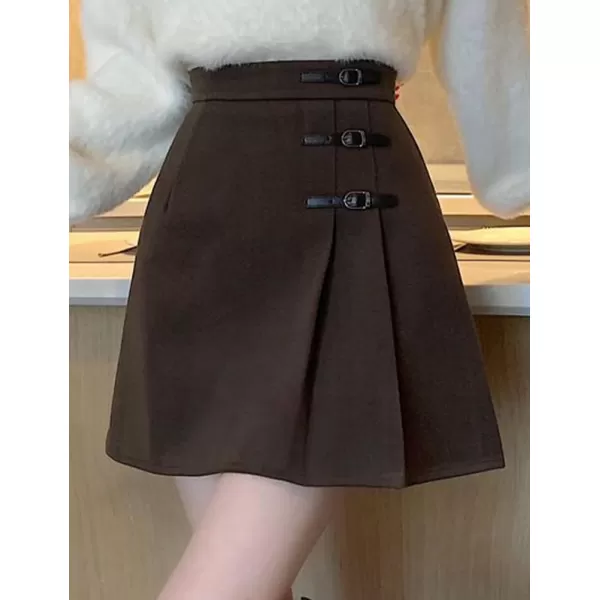 IDEALSANXUN Wool Mini Skirt for Women High Waisted Pleated A Line Fall Winter Preppy SkirtCoffee