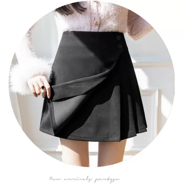 IDEALSANXUN Wool Mini Skirts for Women High Waisted Pleated A Line Fall Winter Trendy Short SkirtBlack