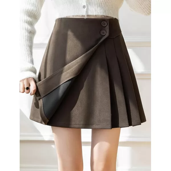 IDEALSANXUN Wool Mini Skirts for Women High Waisted Pleated A Line Fall Winter Trendy Short SkirtCoffee