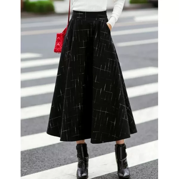 IDEALSANXUN Wool Plaid Long Skirts for Women High Waisted Pleated A Line Winter Fall Skirt with PocketsBlack