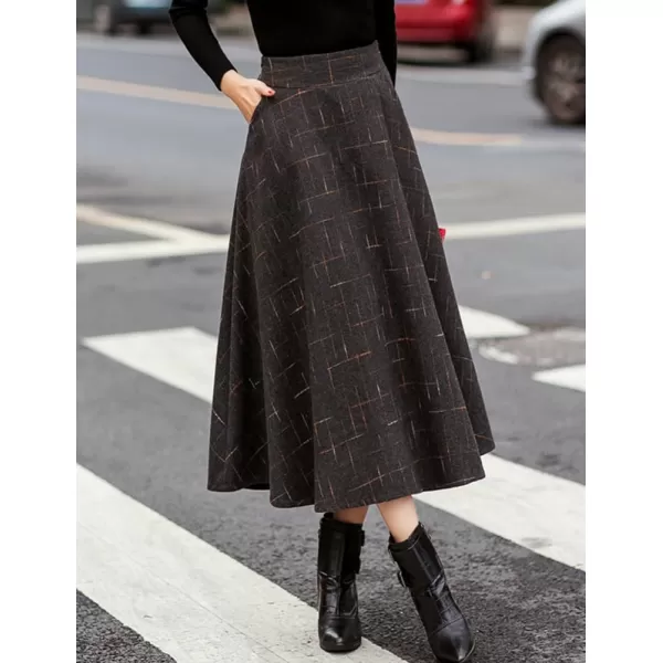 IDEALSANXUN Wool Plaid Long Skirts for Women High Waisted Pleated A Line Winter Fall Skirt with PocketsDark Grey