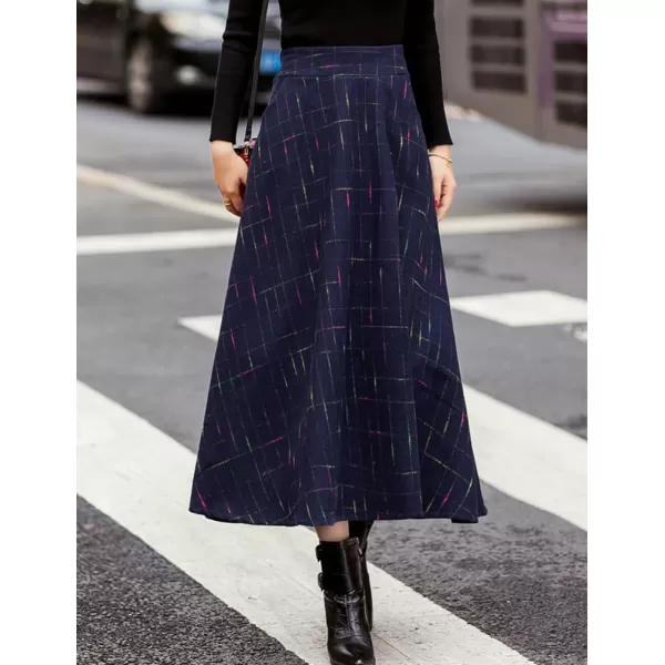 IDEALSANXUN Wool Plaid Long Skirts for Women High Waisted Pleated A Line Winter Fall Skirt with PocketsNavy Blue