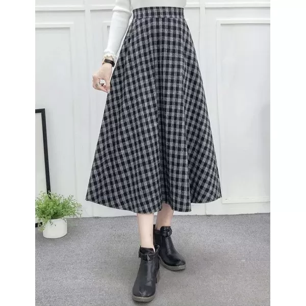 IDEALSANXUN Wool Plaid Midi Skirts for Women 2023 Fall Winter Elastic High Waisted A Line Flared Pleated Skirt with PocketsBlack