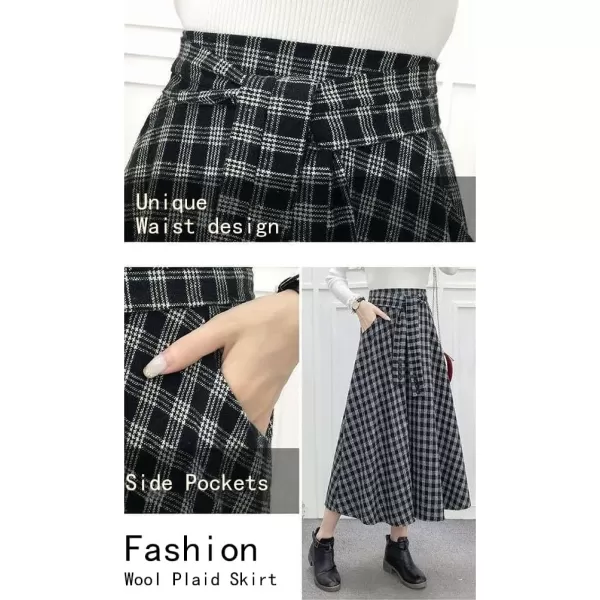 IDEALSANXUN Wool Plaid Midi Skirts for Women 2023 Fall Winter Elastic High Waisted A Line Flared Pleated Skirt with PocketsBlack