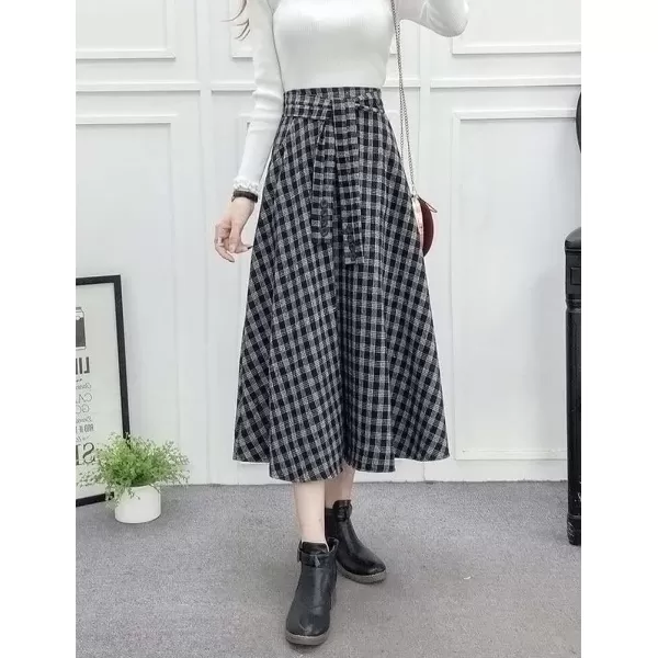 IDEALSANXUN Wool Plaid Midi Skirts for Women 2023 Fall Winter Elastic High Waisted A Line Flared Pleated Skirt with PocketsBlack