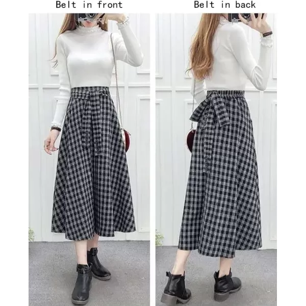 IDEALSANXUN Wool Plaid Midi Skirts for Women 2023 Fall Winter Elastic High Waisted A Line Flared Pleated Skirt with PocketsBlack