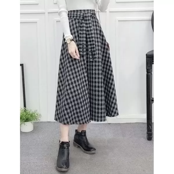 IDEALSANXUN Wool Plaid Midi Skirts for Women 2023 Fall Winter Elastic High Waisted A Line Flared Pleated Skirt with PocketsBlack