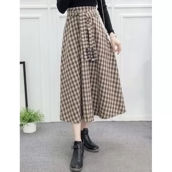 IDEALSANXUN Wool Plaid Midi Skirts for Women 2023 Fall Winter Elastic High Waisted A Line Flared Pleated Skirt with PocketsCoffee