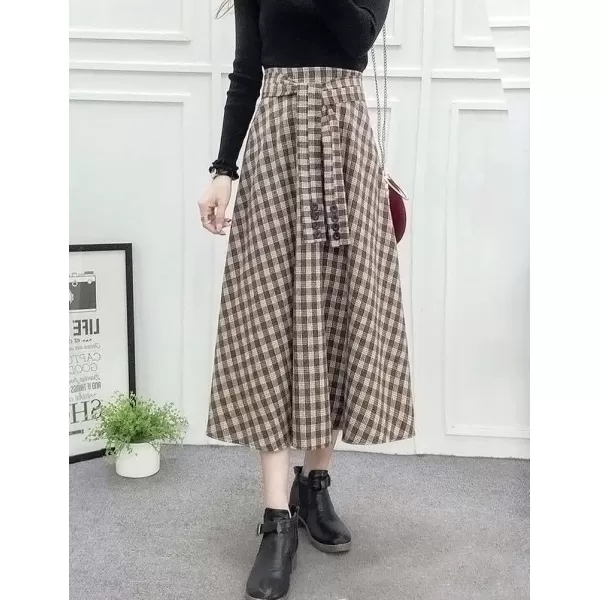 IDEALSANXUN Wool Plaid Midi Skirts for Women 2023 Fall Winter Elastic High Waisted A Line Flared Pleated Skirt with PocketsCoffee