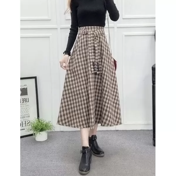 IDEALSANXUN Wool Plaid Midi Skirts for Women 2023 Fall Winter Elastic High Waisted A Line Flared Pleated Skirt with PocketsCoffee