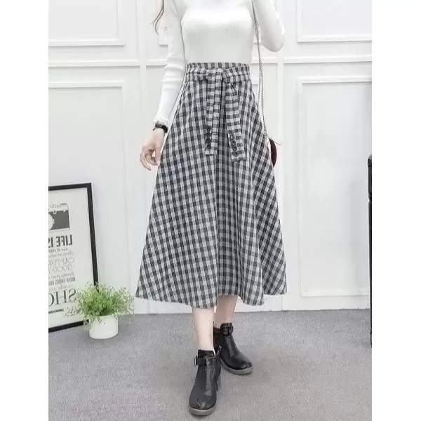 IDEALSANXUN Wool Plaid Midi Skirts for Women 2023 Fall Winter Elastic High Waisted A Line Flared Pleated Skirt with PocketsGrey