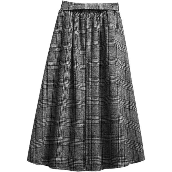 IDEALSANXUN Wool Plaid Midi Skirts for Womens A Line Elastic High Waisted Belted Warm Fall Winter SkirtsDary Grey