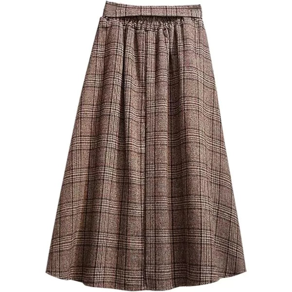 IDEALSANXUN Wool Plaid Midi Skirts for Womens A Line Elastic High Waisted Belted Warm Fall Winter SkirtsKhaki