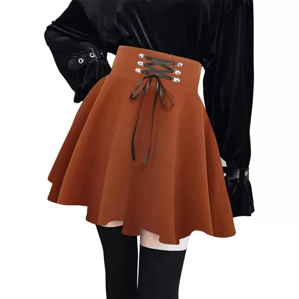 IDEALSANXUN Wool Plaid Mini Gothic Skirts for Womens High Waist Lace Up Short Pleated Skater SkirtsCamel