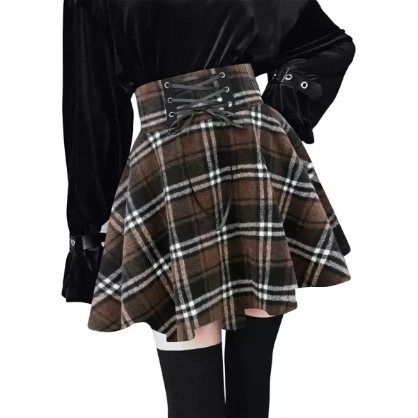 IDEALSANXUN Wool Plaid Mini Gothic Skirts for Womens High Waist Lace Up Short Pleated Skater SkirtsCoffee