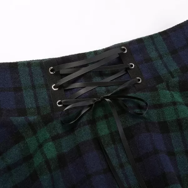 IDEALSANXUN Wool Plaid Mini Gothic Skirts for Womens High Waist Lace Up Short Pleated Skater SkirtsGreen