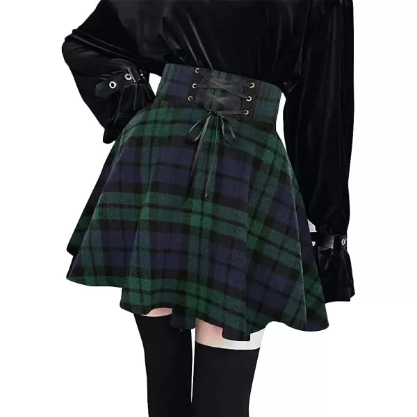 IDEALSANXUN Wool Plaid Mini Gothic Skirts for Womens High Waist Lace Up Short Pleated Skater SkirtsGreen