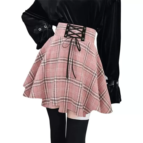 IDEALSANXUN Wool Plaid Mini Gothic Skirts for Womens High Waist Lace Up Short Pleated Skater SkirtsPink