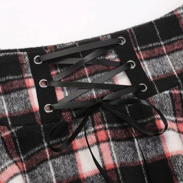 IDEALSANXUN Wool Plaid Mini Gothic Skirts for Womens High Waist Lace Up Short Pleated Skater SkirtsPinkampblack