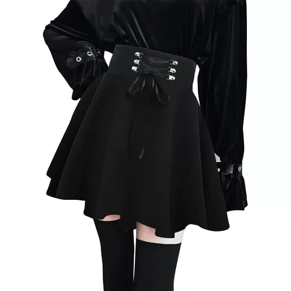 IDEALSANXUN Wool Plaid Mini Gothic Skirts for Womens High Waist Lace Up Short Pleated Skater SkirtsPure Black