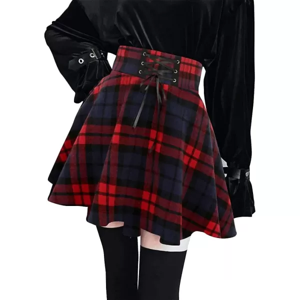 IDEALSANXUN Wool Plaid Mini Gothic Skirts for Womens High Waist Lace Up Short Pleated Skater SkirtsRed