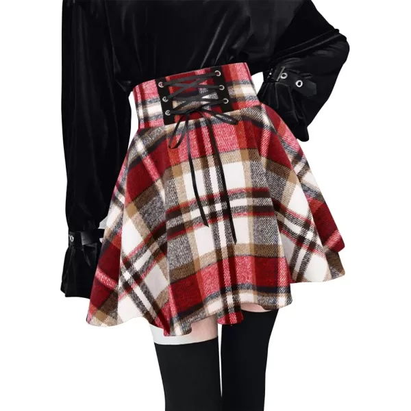 IDEALSANXUN Wool Plaid Mini Gothic Skirts for Womens High Waist Lace Up Short Pleated Skater SkirtsWine