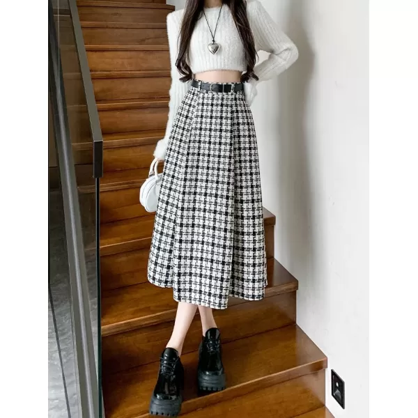 IDEALSANXUN Wool Plaid Skirt for Women High Waisted A Line Pleated Fall Winter Casual Long Midi SkirtBlack