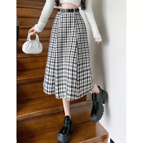IDEALSANXUN Wool Plaid Skirt for Women High Waisted A Line Pleated Fall Winter Casual Long Midi SkirtBlack