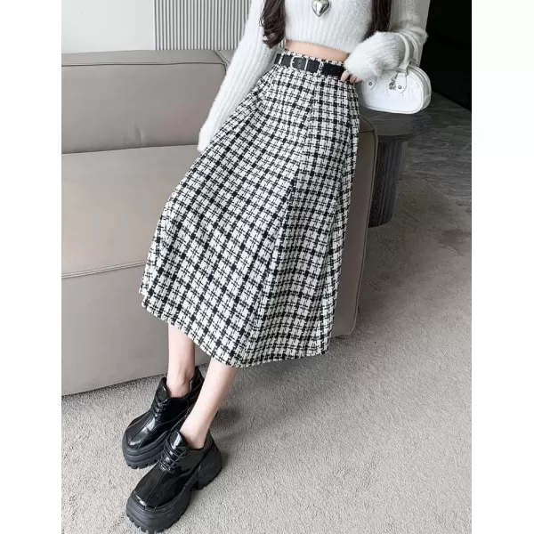 IDEALSANXUN Wool Plaid Skirt for Women High Waisted A Line Pleated Fall Winter Casual Long Midi SkirtBlack