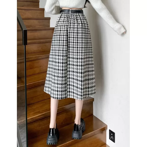 IDEALSANXUN Wool Plaid Skirt for Women High Waisted A Line Pleated Fall Winter Casual Long Midi SkirtBlack