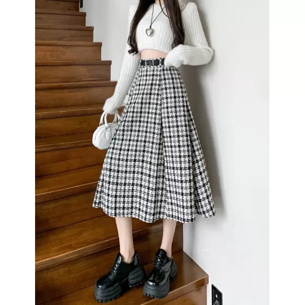 IDEALSANXUN Wool Plaid Skirt for Women High Waisted A Line Pleated Fall Winter Casual Long Midi SkirtBlack