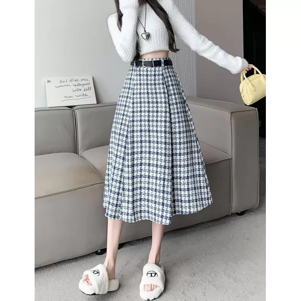 IDEALSANXUN Wool Plaid Skirt for Women High Waisted A Line Pleated Fall Winter Casual Long Midi SkirtBlue