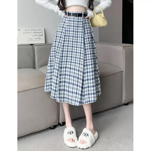 IDEALSANXUN Wool Plaid Skirt for Women High Waisted A Line Pleated Fall Winter Casual Long Midi SkirtBlue