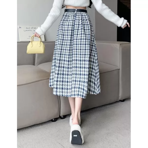 IDEALSANXUN Wool Plaid Skirt for Women High Waisted A Line Pleated Fall Winter Casual Long Midi SkirtBlue