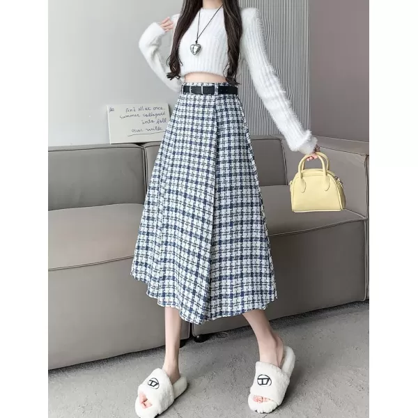 IDEALSANXUN Wool Plaid Skirt for Women High Waisted A Line Pleated Fall Winter Casual Long Midi SkirtBlue