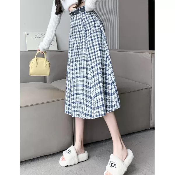 IDEALSANXUN Wool Plaid Skirt for Women High Waisted A Line Pleated Fall Winter Casual Long Midi SkirtBlue