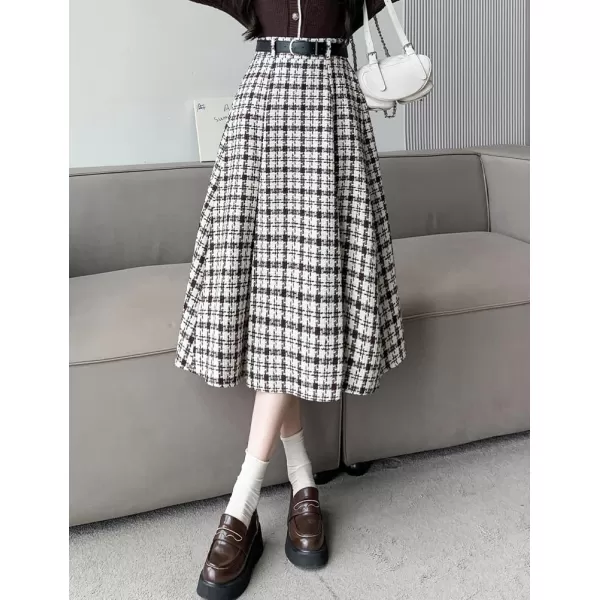 IDEALSANXUN Wool Plaid Skirt for Women High Waisted A Line Pleated Fall Winter Casual Long Midi SkirtCoffee