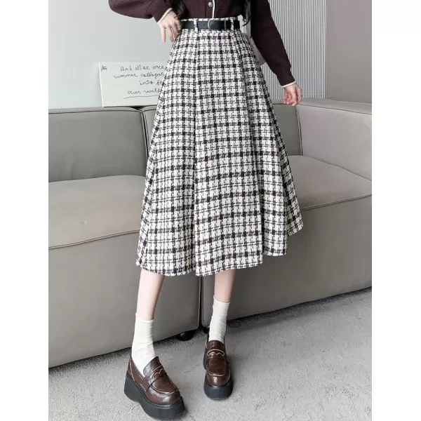 IDEALSANXUN Wool Plaid Skirt for Women High Waisted A Line Pleated Fall Winter Casual Long Midi SkirtCoffee