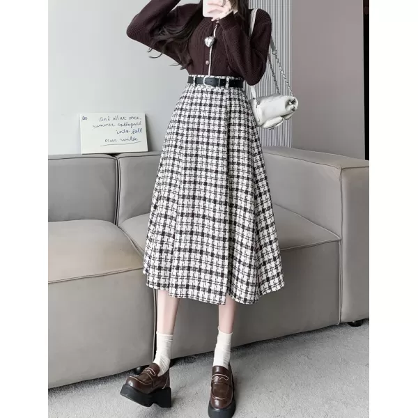 IDEALSANXUN Wool Plaid Skirt for Women High Waisted A Line Pleated Fall Winter Casual Long Midi SkirtCoffee