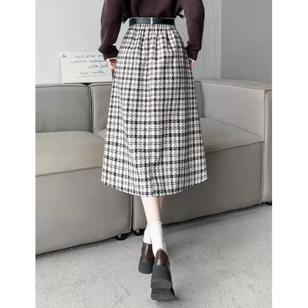 IDEALSANXUN Wool Plaid Skirt for Women High Waisted A Line Pleated Fall Winter Casual Long Midi SkirtCoffee