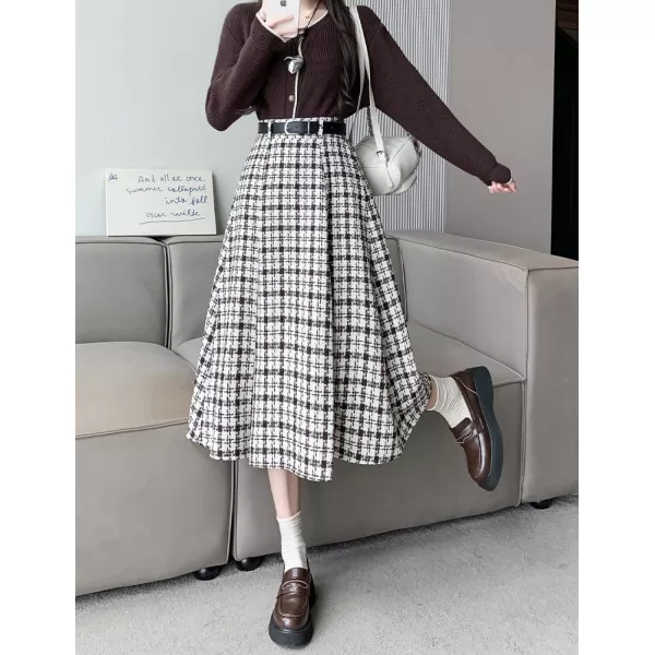 IDEALSANXUN Wool Plaid Skirt for Women High Waisted A Line Pleated Fall Winter Casual Long Midi SkirtCoffee