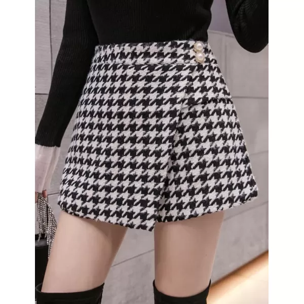 IDEALSANXUN Wool Plaid Skort for Women High Waisted Asymmetrical Hem Fall Winter Skirt ShortsBlack
