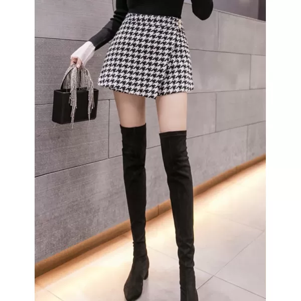 IDEALSANXUN Wool Plaid Skort for Women High Waisted Asymmetrical Hem Fall Winter Skirt ShortsBlack