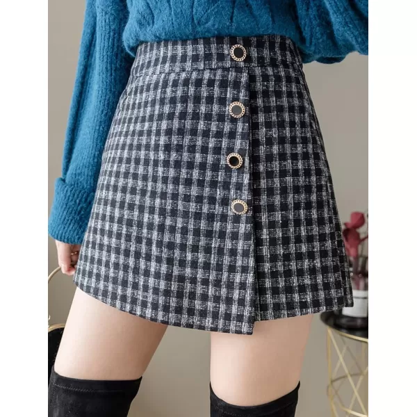 IDEALSANXUN Wool Plaid Skort for Women High Waisted Pencil Asymmetrical Fall Winter Skirt ShortsBlack
