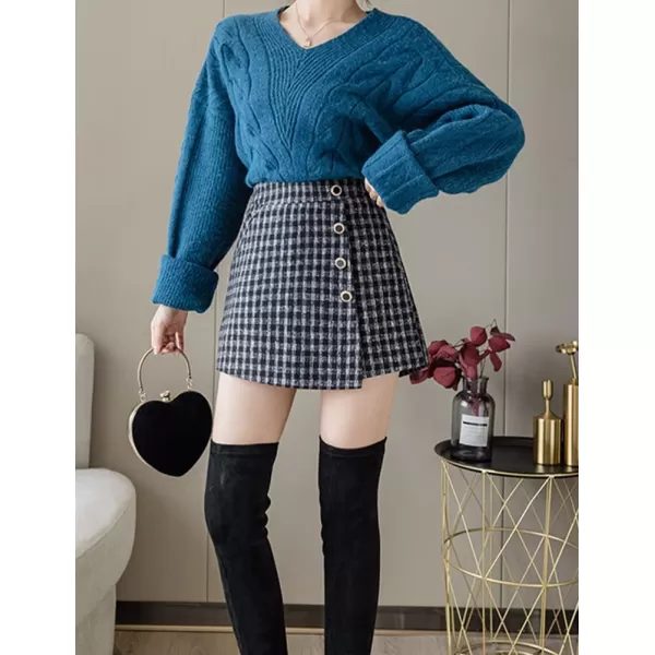 IDEALSANXUN Wool Plaid Skort for Women High Waisted Pencil Asymmetrical Fall Winter Skirt ShortsBlack