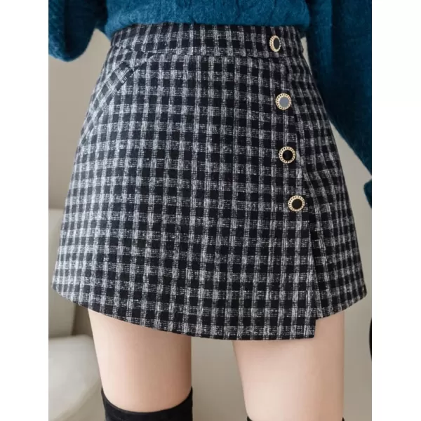 IDEALSANXUN Wool Plaid Skort for Women High Waisted Pencil Asymmetrical Fall Winter Skirt ShortsBlack